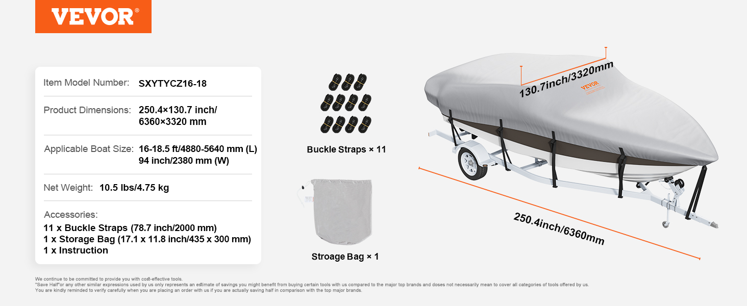 VEVOR boat cover with buckle straps, storage bag, fits 16-18.5 ft boats, 250.4x130.7 inch.