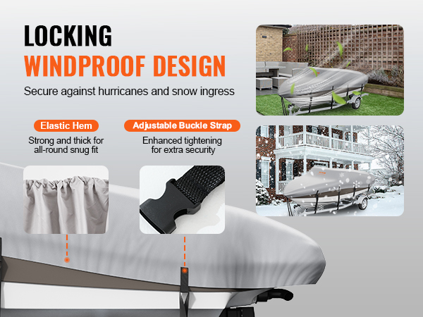locking windproof VEVOR boat cover with elastic hem and adjustable buckle strap for all-weather protection.