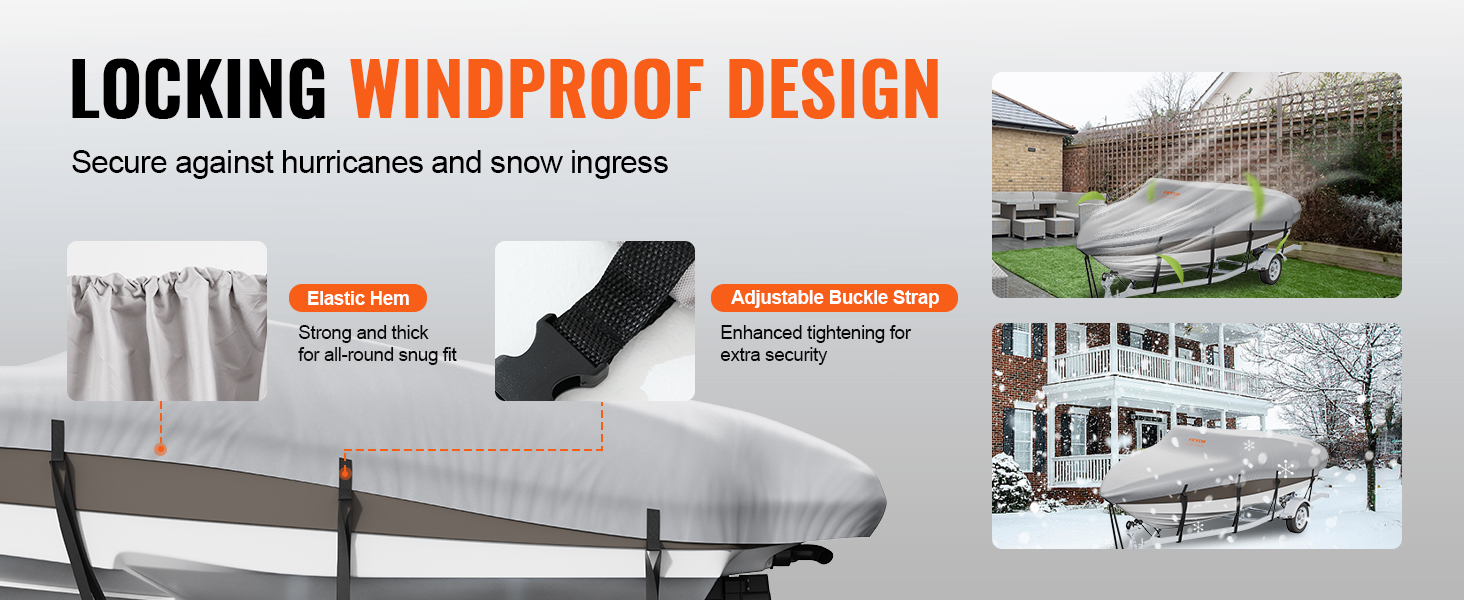 locking windproof VEVOR boat cover with elastic hem and adjustable buckle strap for all-weather protection.