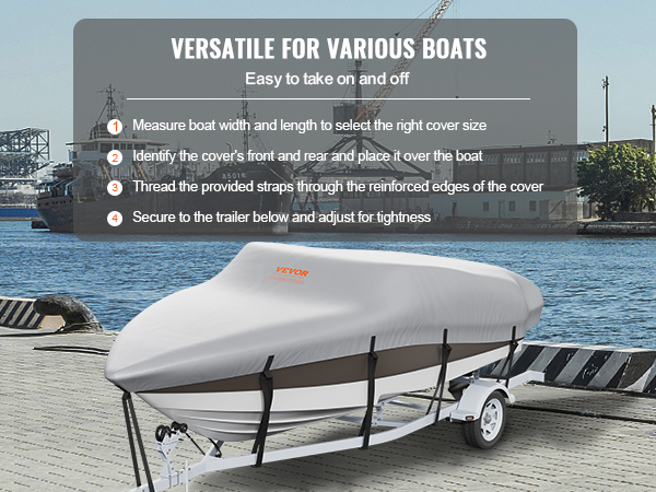VEVOR boat cover on a trailer by the dock, showcasing easy installation steps for various boats.