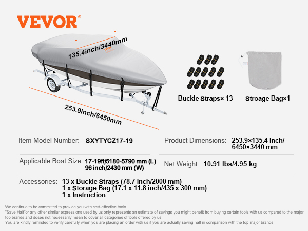 VEVOR boat cover with dimensions 253.9x135.4 inches, 13 buckle straps, and a storage bag.