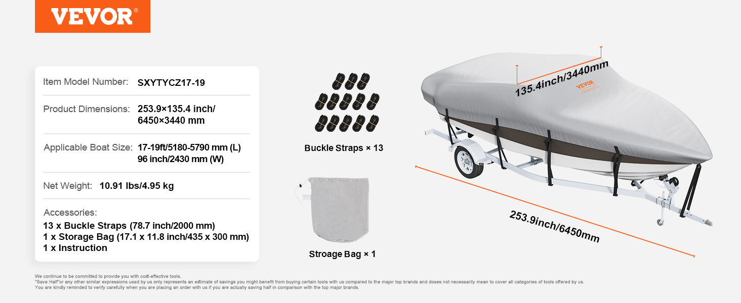 VEVOR boat cover with dimensions 253.9x135.4 inches, 13 buckle straps, and a storage bag.