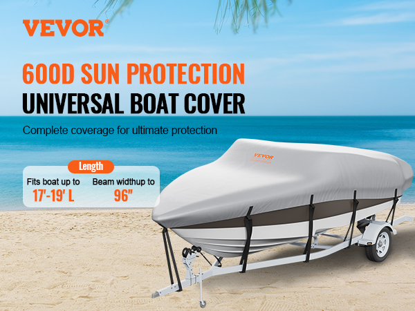 VEVOR boat cover offering 600d sun protection for boats up to 19-ft long and 96-in width.