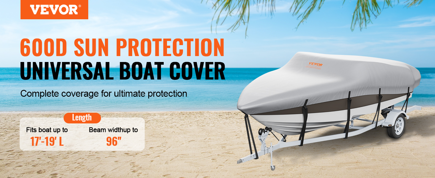 VEVOR boat cover offering 600d sun protection for boats up to 19-ft long and 96-in width.
