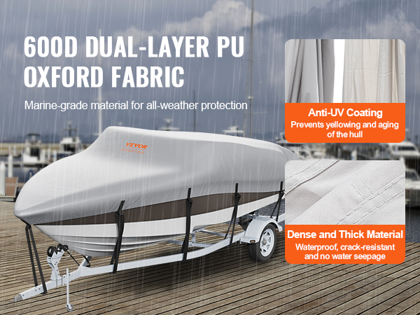 VEVOR boat cover on trailer, highlighting 600d pu oxford fabric, anti-uv coating, and thick waterproof material.