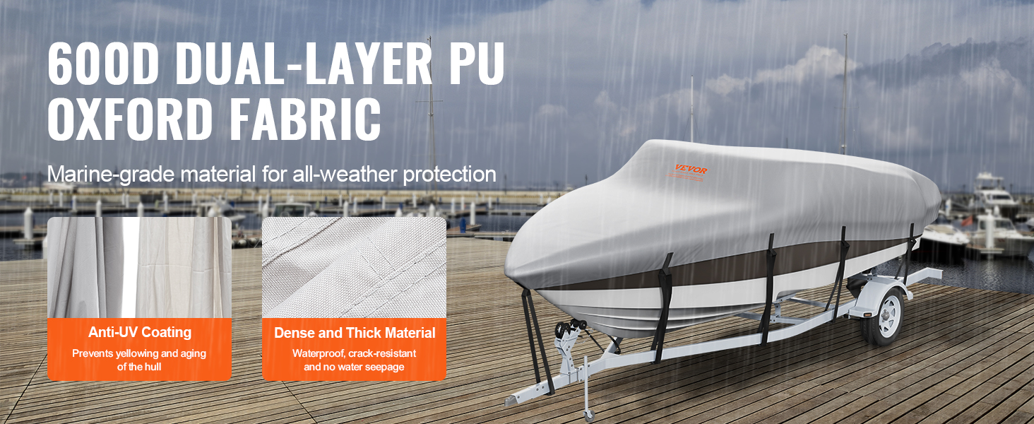 VEVOR boat cover on trailer, highlighting 600d pu oxford fabric, anti-uv coating, and thick waterproof material.