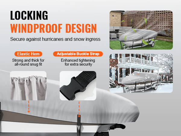 VEVOR boat cover with elastic hem and adjustable buckle strap for windproof and snow protection.