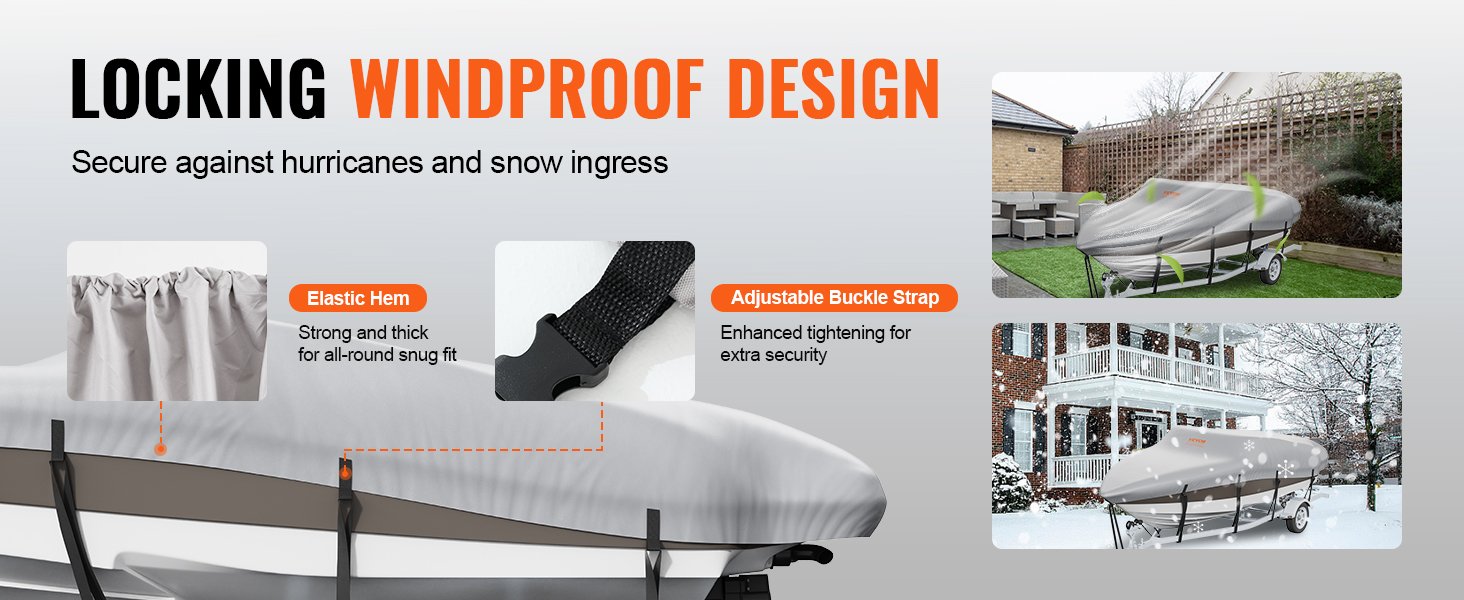 VEVOR boat cover with elastic hem and adjustable buckle strap for windproof and snow protection.