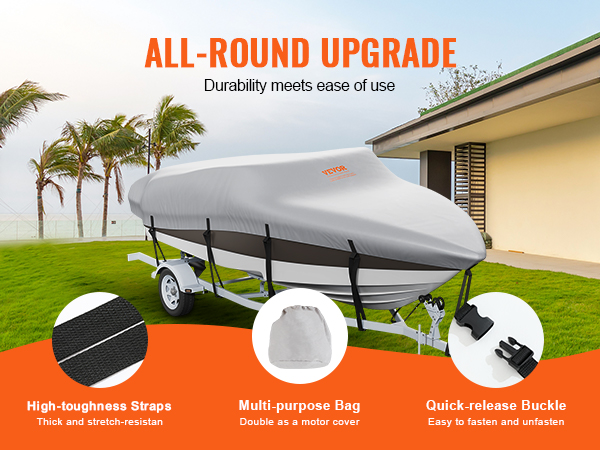 VEVOR boat cover with high-toughness straps, multi-purpose bag, and quick-release buckle in a backyard.