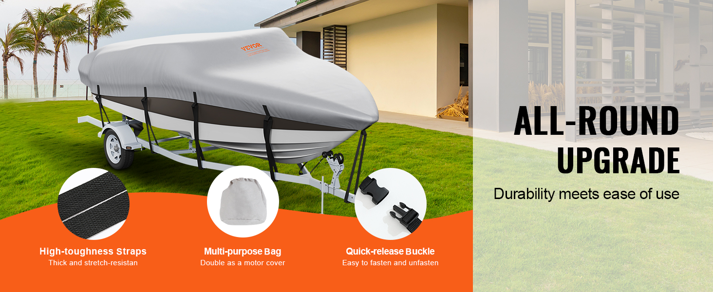 VEVOR boat cover with high-toughness straps, multi-purpose bag, and quick-release buckle in a backyard.