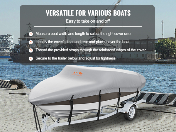 VEVOR boat cover on a trailer by a harbor, showcasing easy installation steps for various boats.