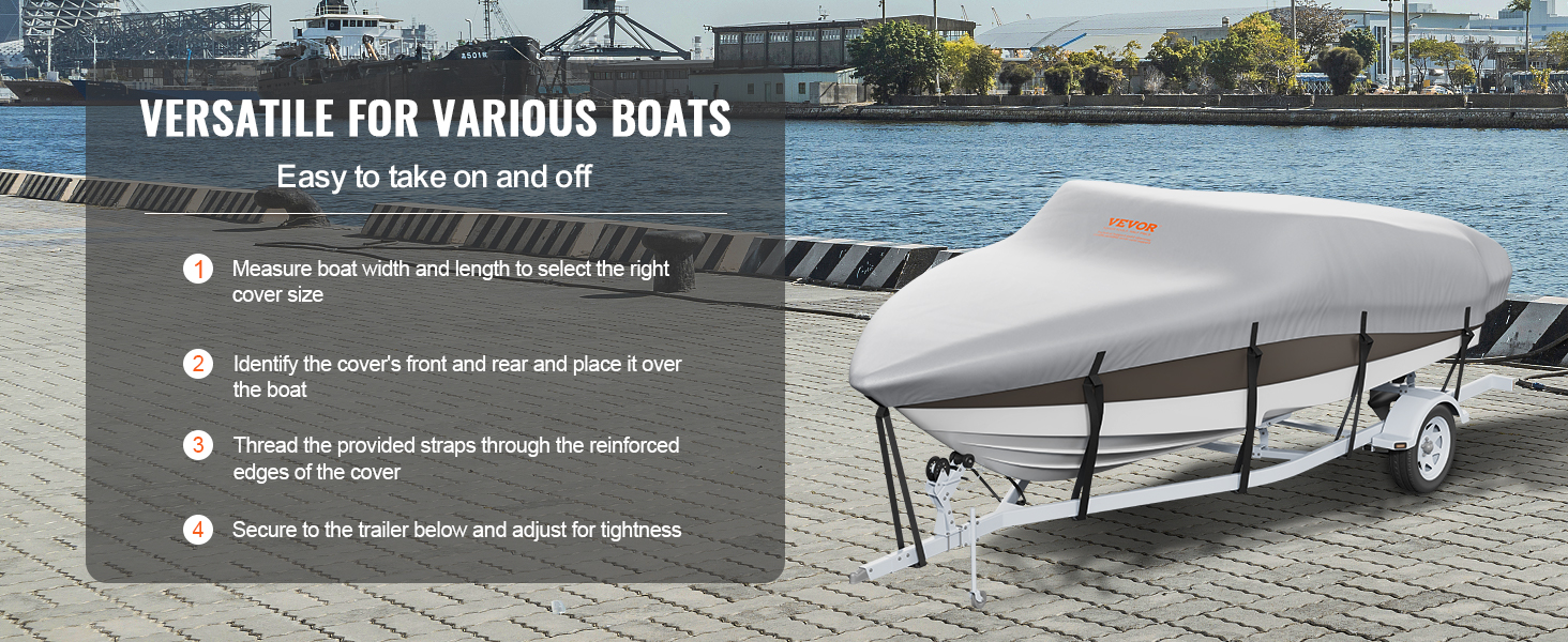 VEVOR boat cover on a trailer by a harbor, showcasing easy installation steps for various boats.