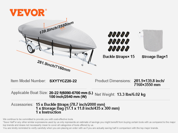 VEVOR boat cover with dimensions 281.9x139.8 inch, includes 15 buckle straps and a storage bag.