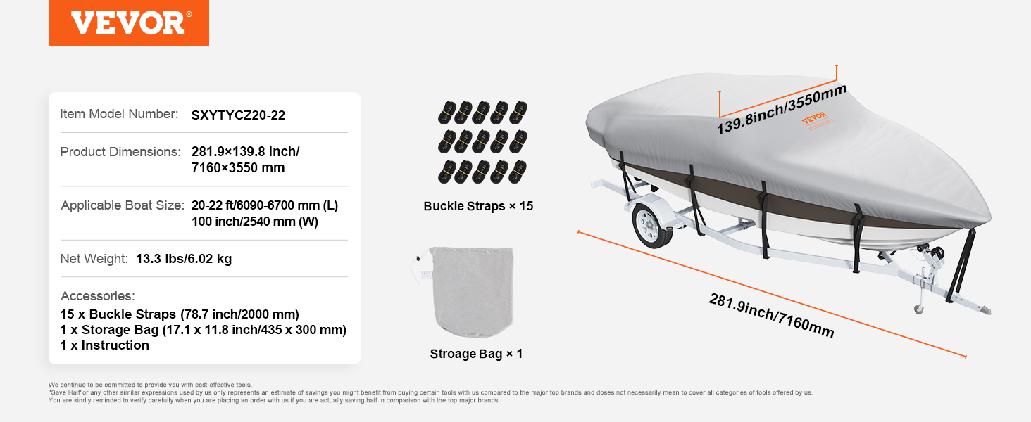VEVOR boat cover with dimensions 281.9x139.8 inch, includes 15 buckle straps and a storage bag.