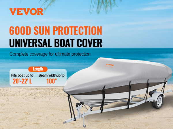 VEVOR boat cover with 600d sun protection for boats 20'-22' long and beam width up to 100" on beach.