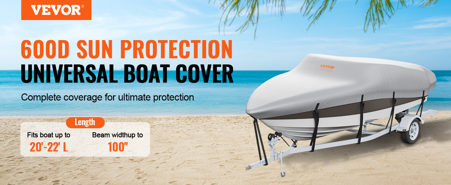 VEVOR boat cover with 600d sun protection for boats 20'-22' long and beam width up to 100" on beach.