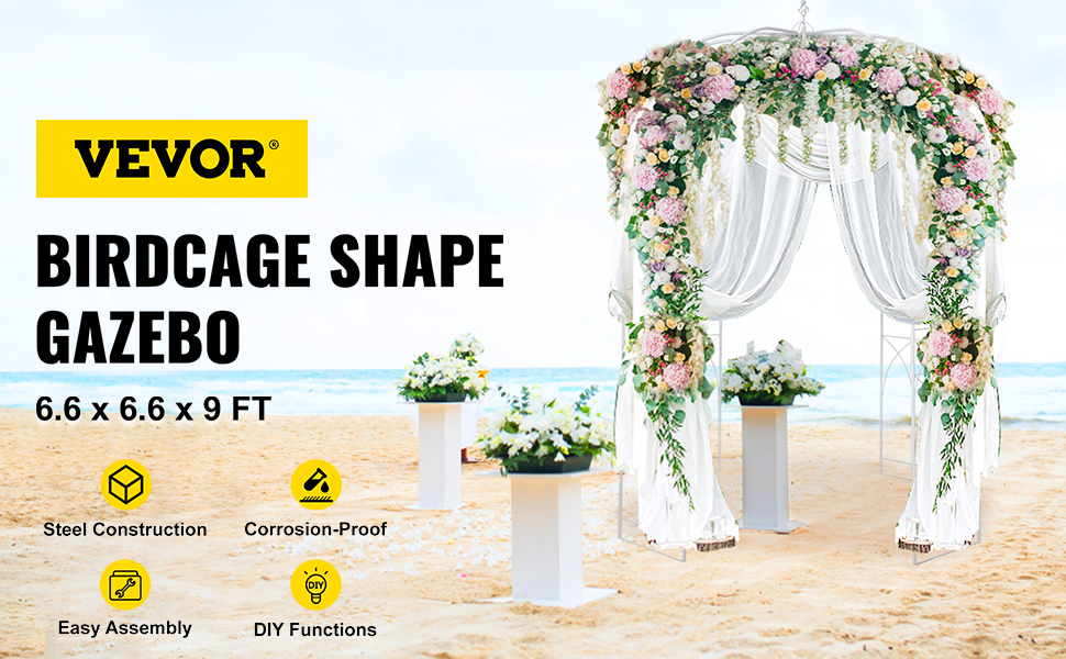VEVOR garden arbor birdcage-shaped gazebo with floral decorations on a beach.