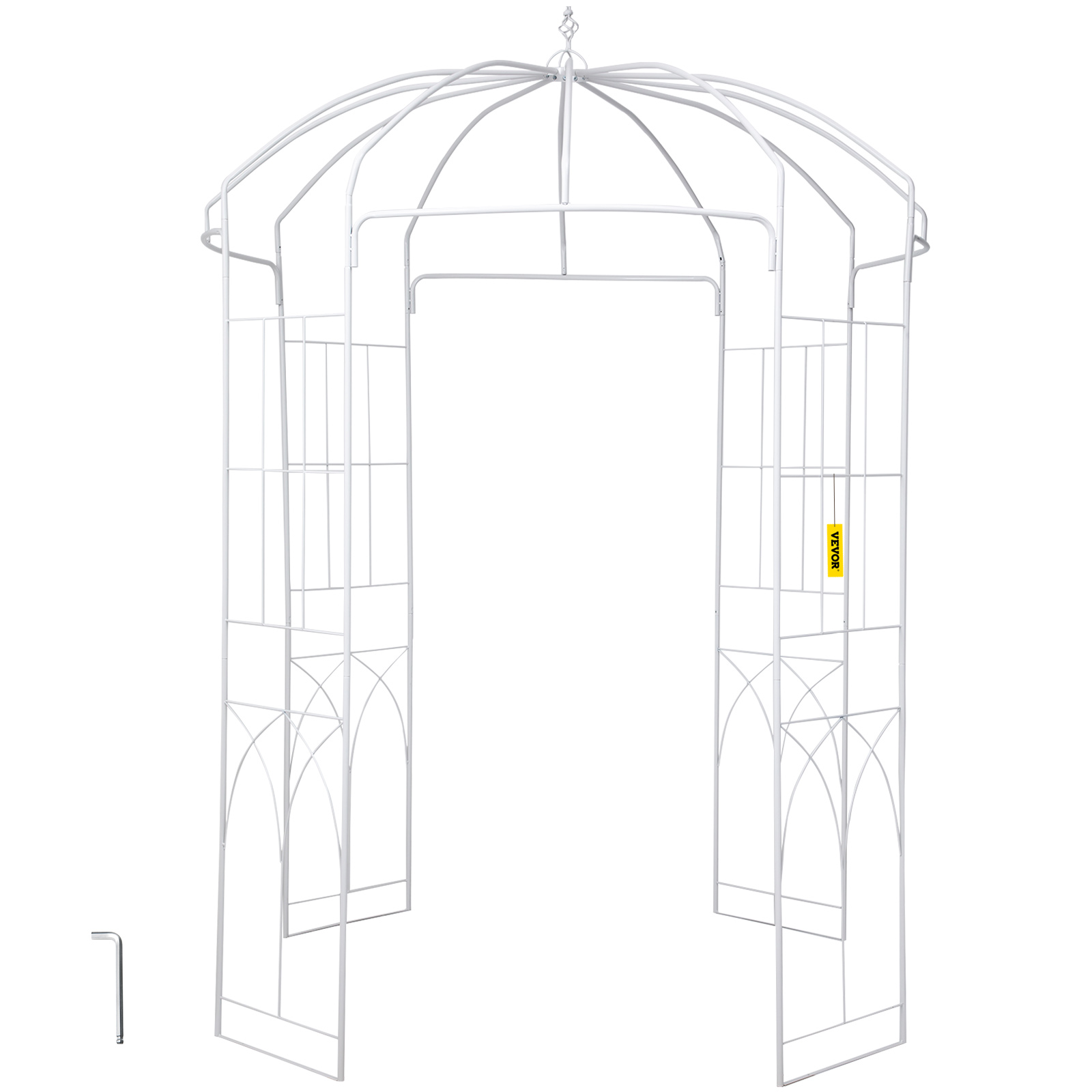 white VEVOR garden arbor with a decorative arch and a small wrench included.