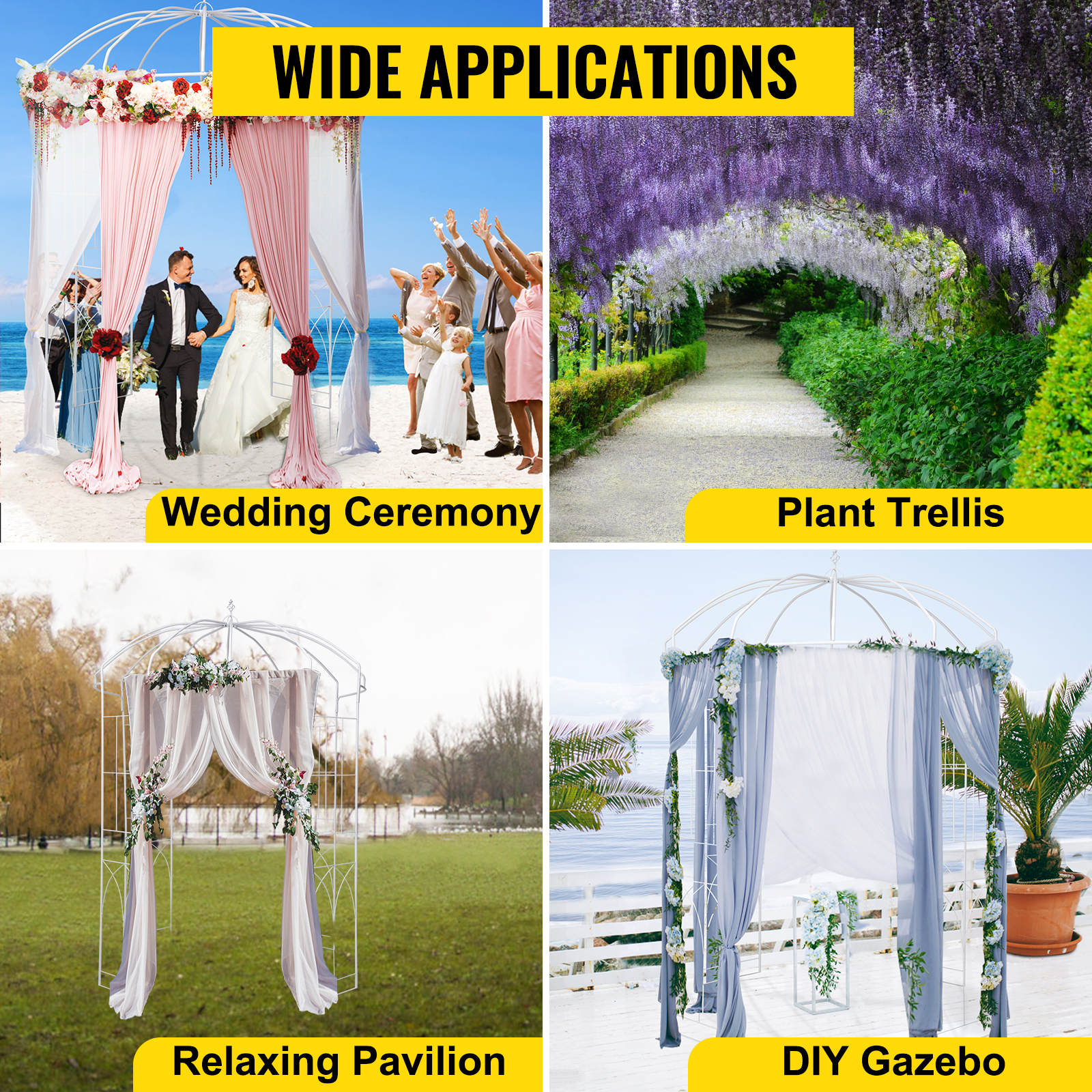 VEVOR garden arbor with curtains for wedding, plant trellis, pavilion, and diy gazebo setup.