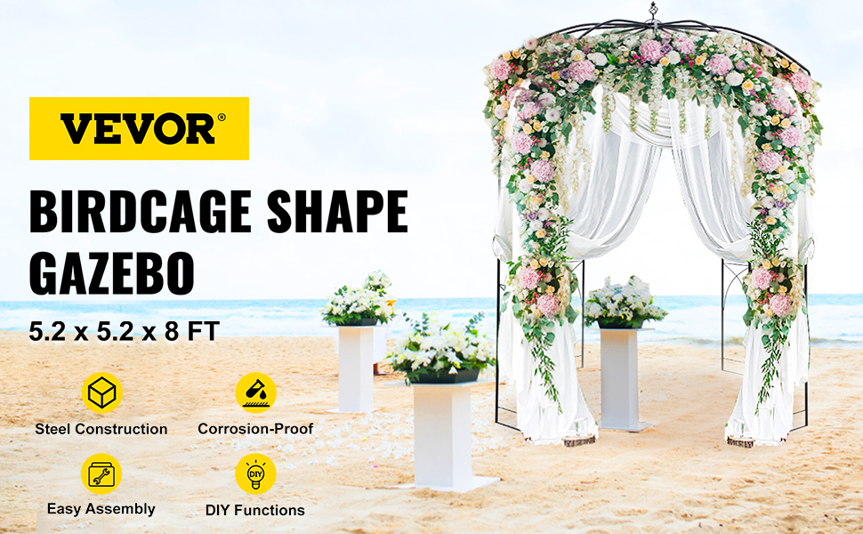 VEVOR garden arbor on a beach, adorned with flowers and draped white fabric.