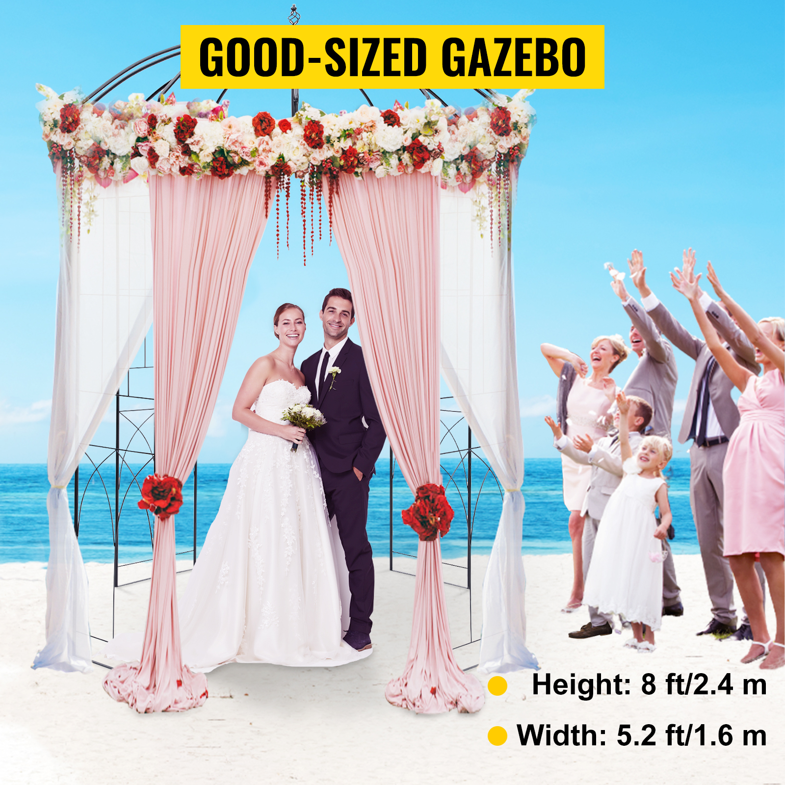 VEVOR garden arbor: beach wedding with flowers and draped curtains, celebrating guests.