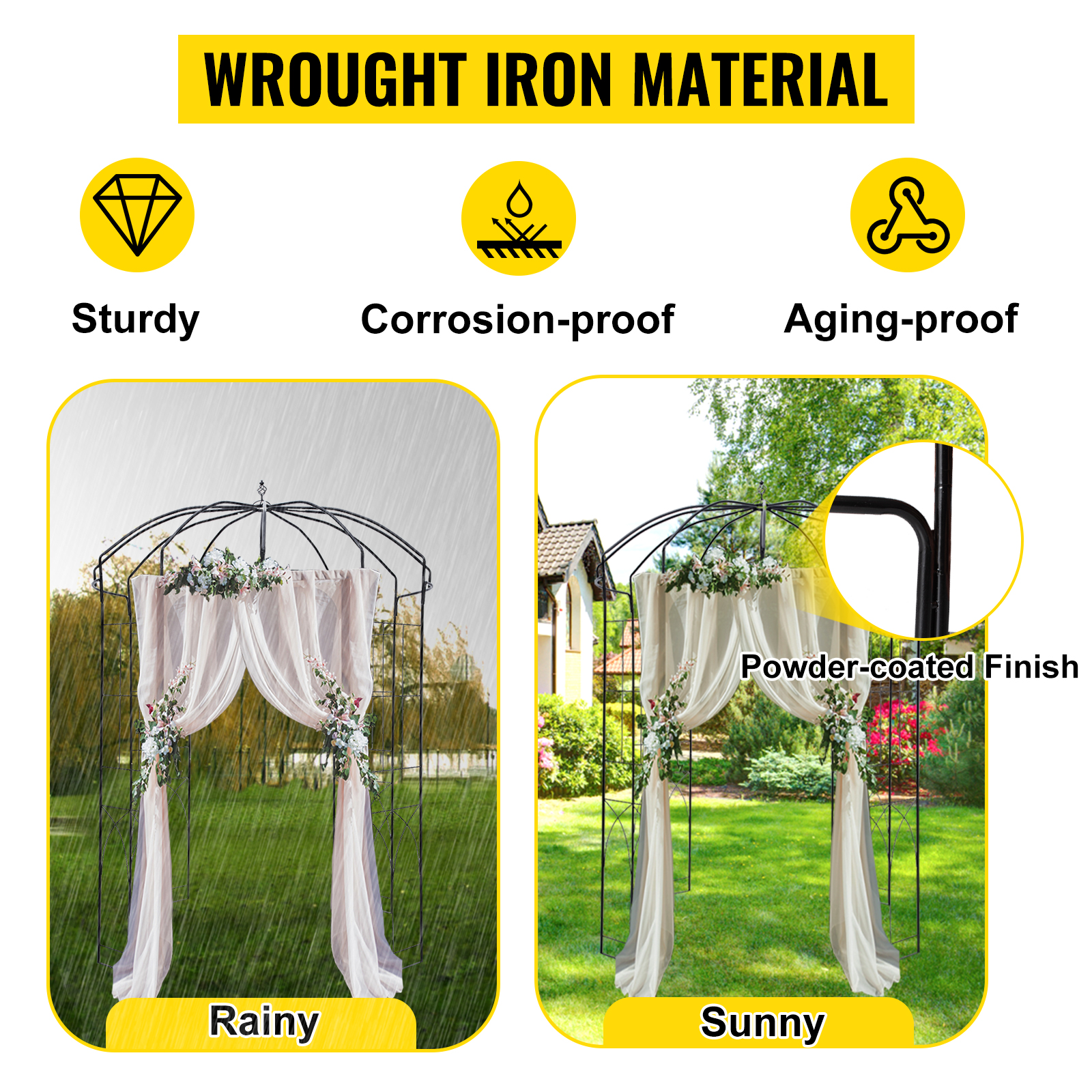 VEVOR garden arbor: sturdy, corrosion-proof, aging-proof under rainy and sunny conditions.