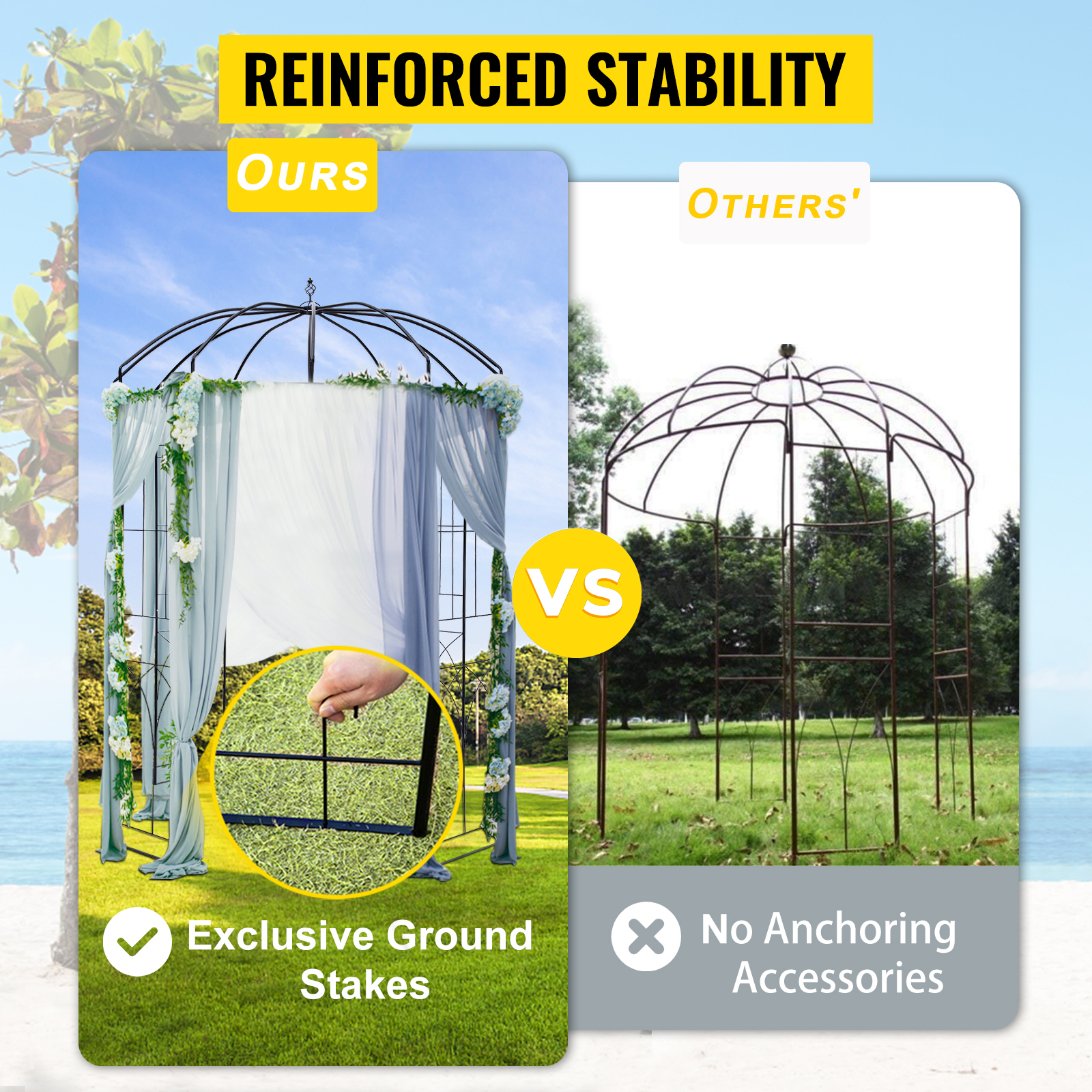 VEVOR garden arbor vs competitors' arbor, highlighting reinforced stability and ground stakes.