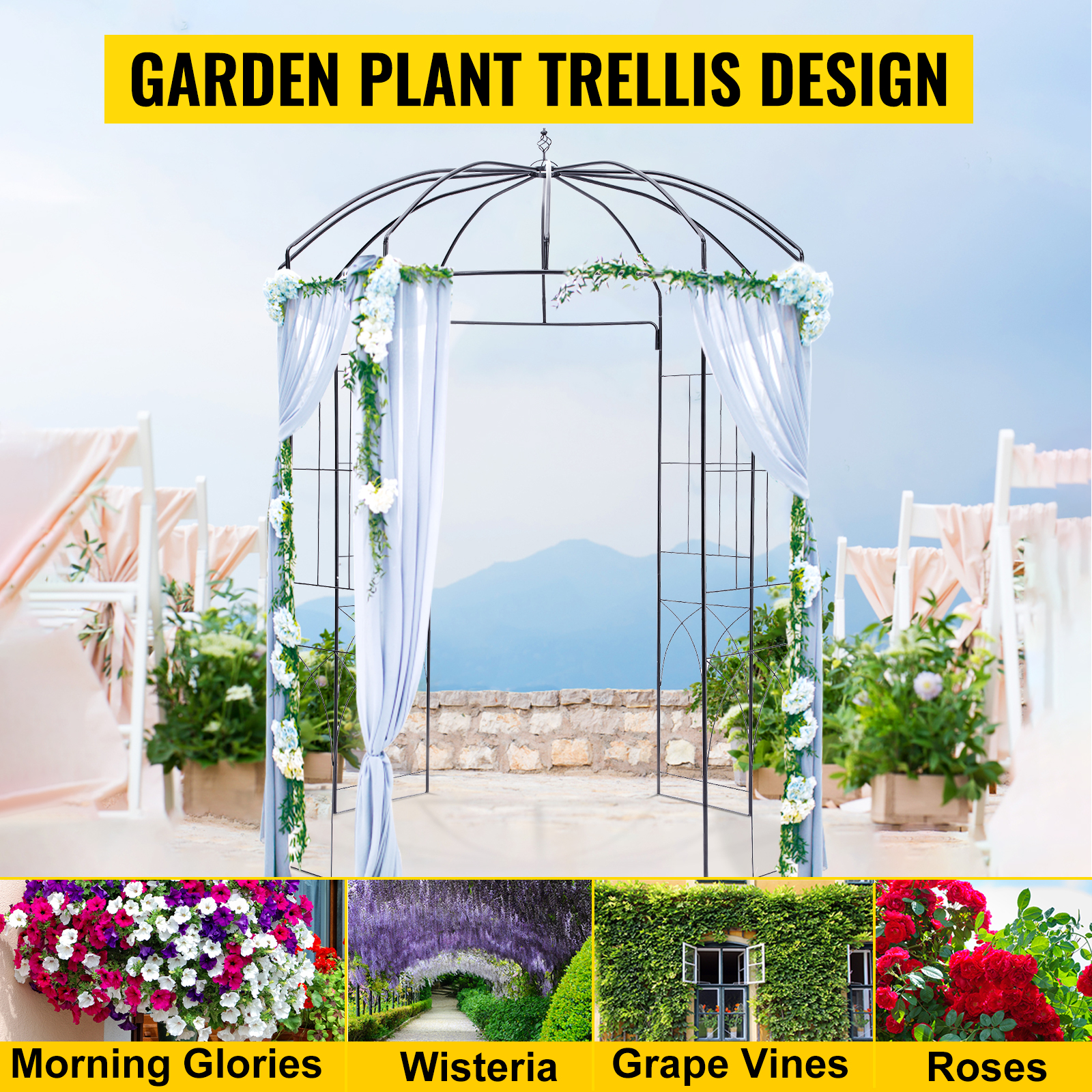 VEVOR garden arbor draped with white curtains and flowers, ideal for various climbing plants.