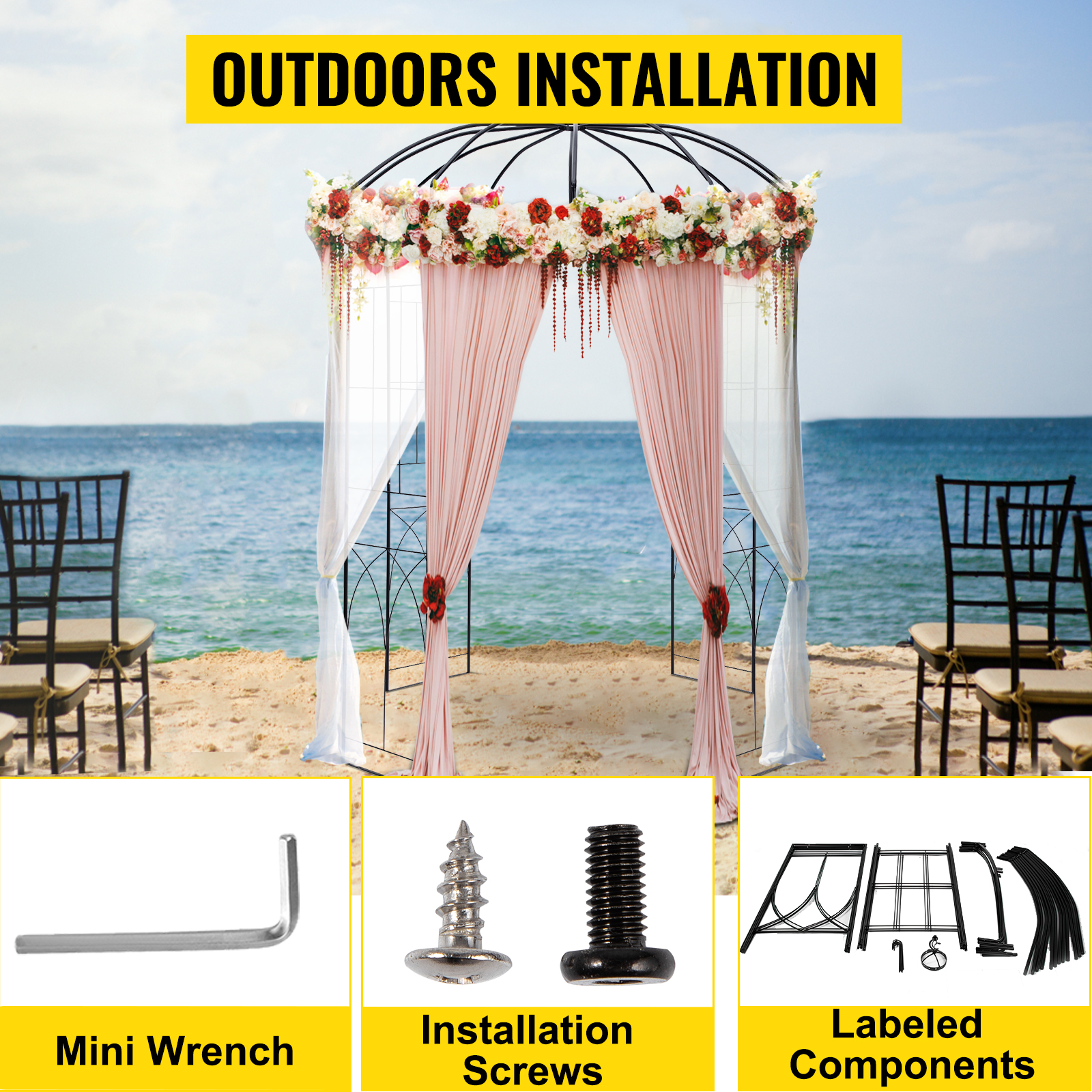 VEVOR garden arbor on beach with components: mini wrench, installation screws, labeled parts.