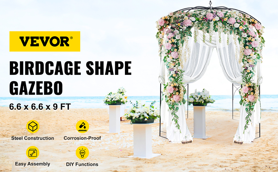 VEVOR garden arbor on a beach decorated with flowers and drapes.