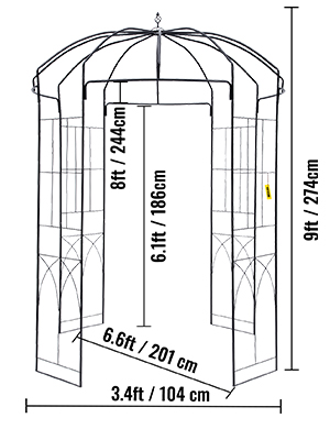 VEVOR garden arbor dimensions diagram, 9ft height, 6.6ft width, 3.4ft depth.