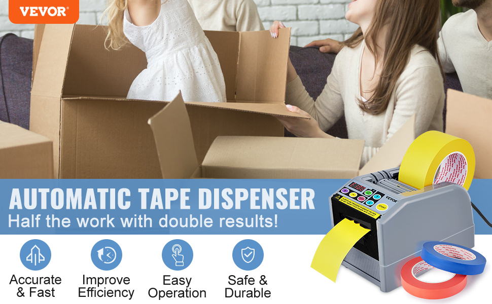 automatic VEVOR tape dispenser in use with packaging boxes, promoting efficiency and ease of operation.