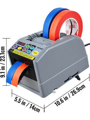 VEVOR tape dispenser with size dimensions, features multiple rolls and automated cutting mechanism.