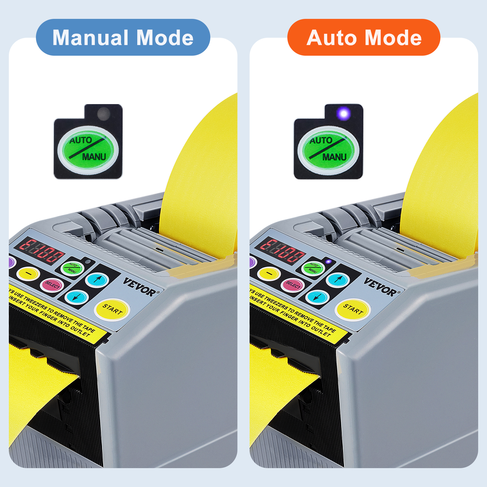 VEVOR tape dispenser in manual and auto modes with yellow tape and control buttons.
