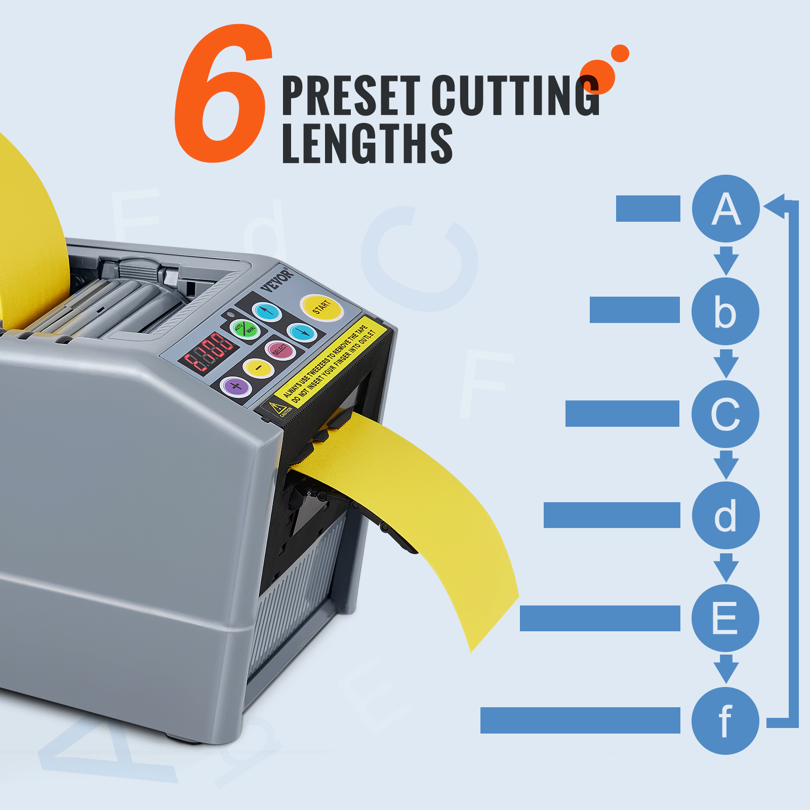 VEVOR tape dispenser with 6 preset cutting lengths and a yellow tape being dispensed.