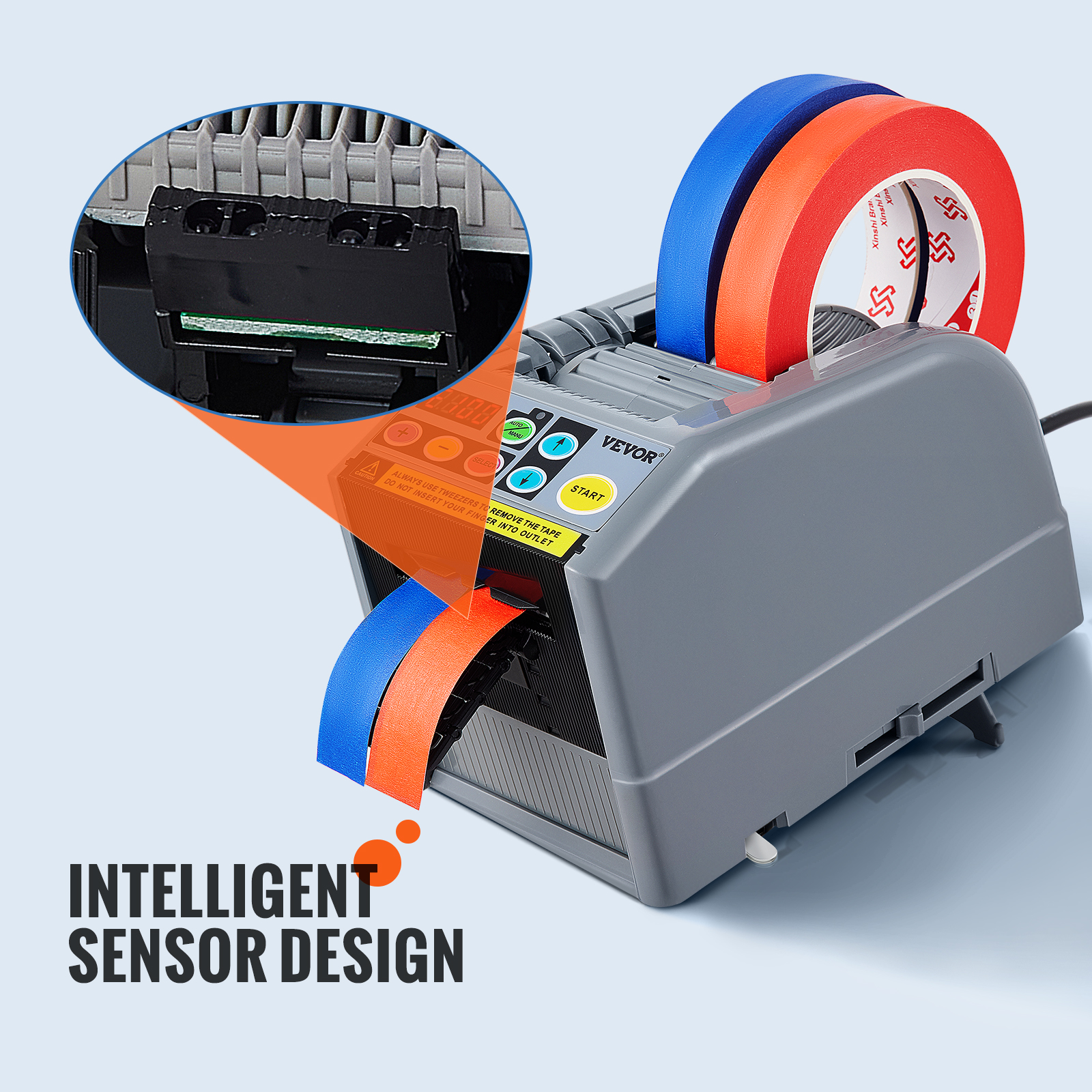 VEVOR tape dispenser with intelligent sensor design, featuring blue and red tape rolls.