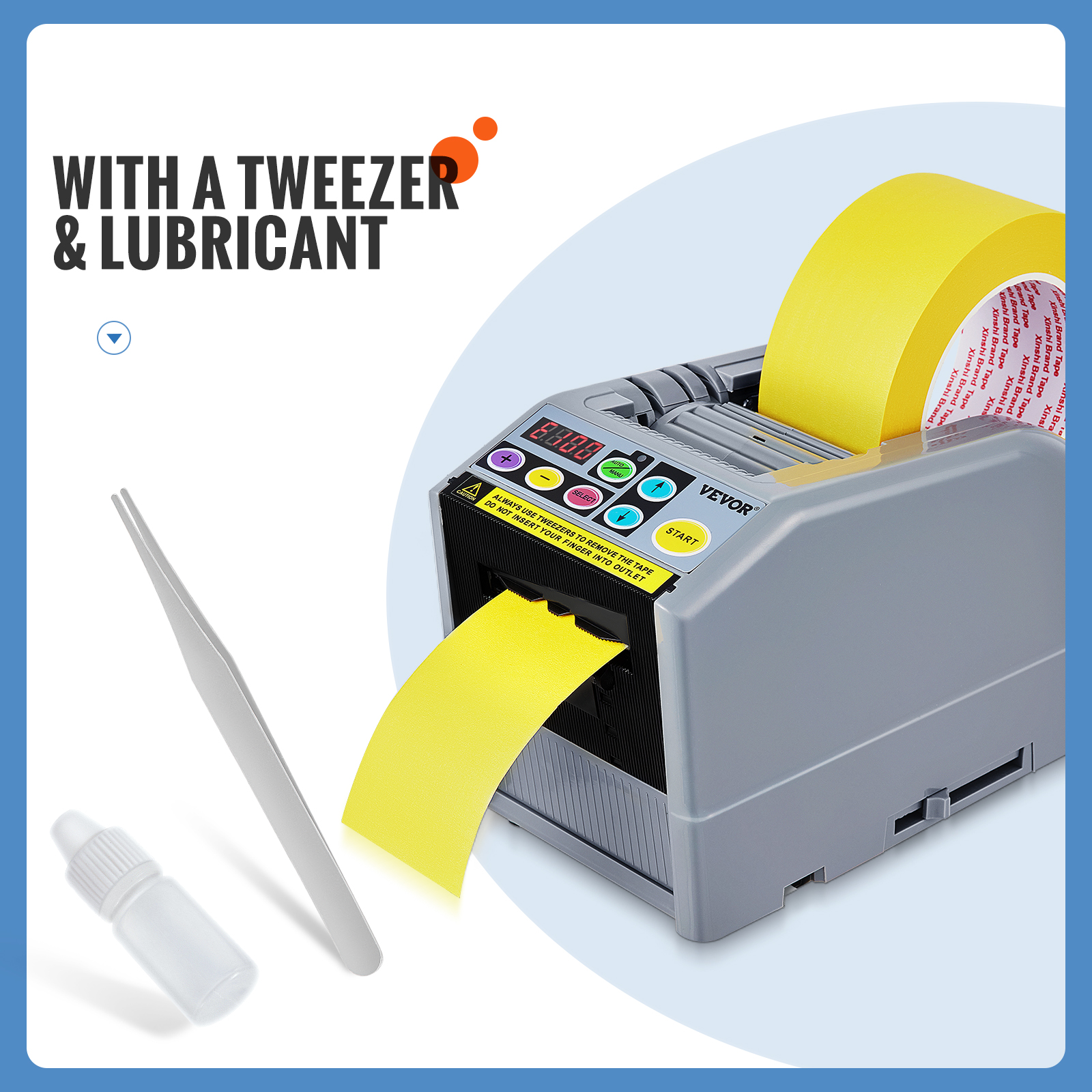 VEVOR tape dispenser with yellow tape, comes with tweezers and lubricant bottle.