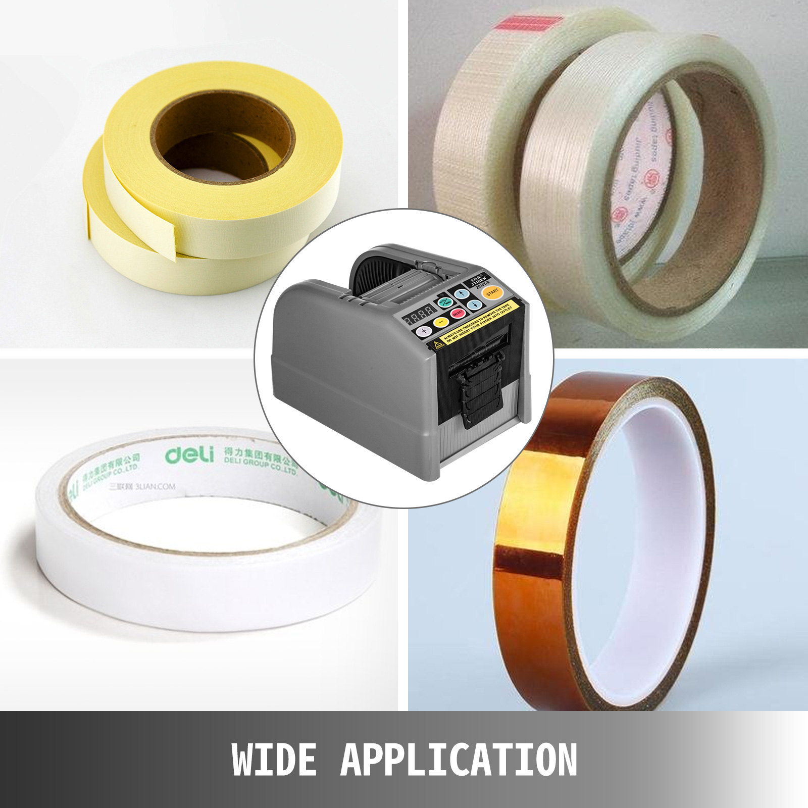 VEVOR tape dispenser with various tape rolls showcasing wide application.
