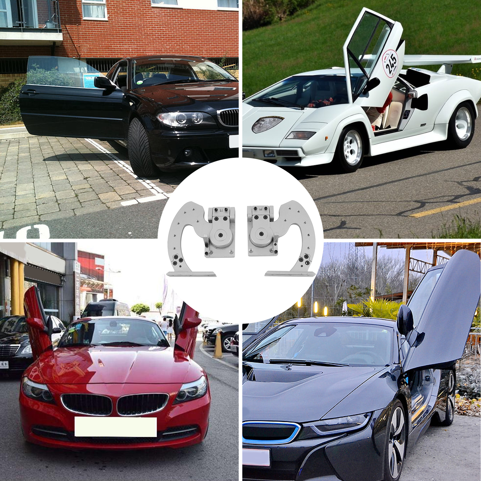 VEVOR lambo durvju komplekts, kas uzstādīts uz dažādiem automobiļu modeļiem, demonstrējot atvērtas šķērveida durvis.