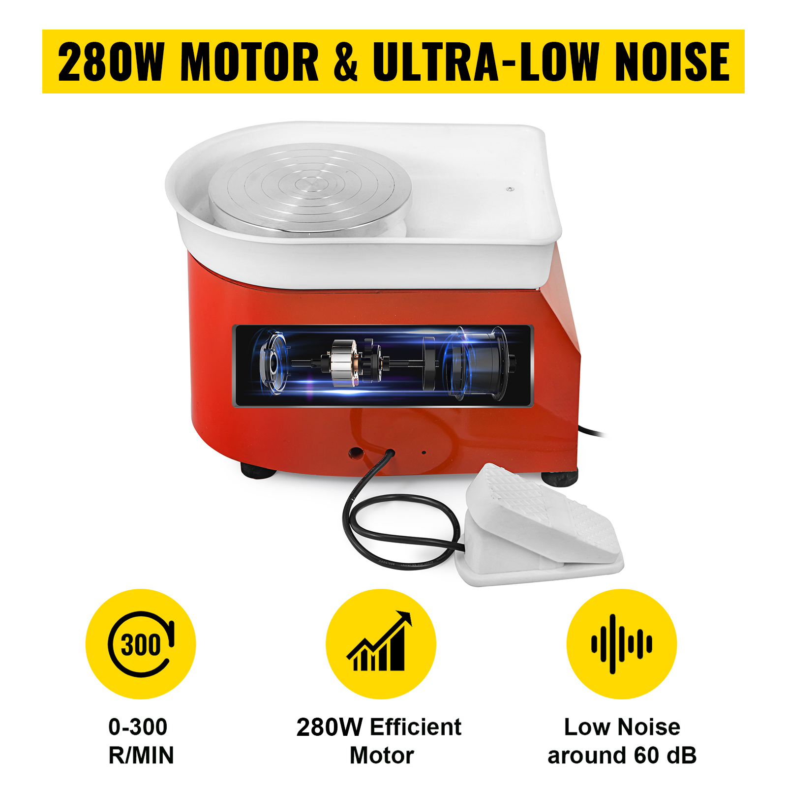 VEVOR keramikas ritenis ar 280 W motoru, īpaši zemu trokšņa līmeni un regulējamu ātrumu.