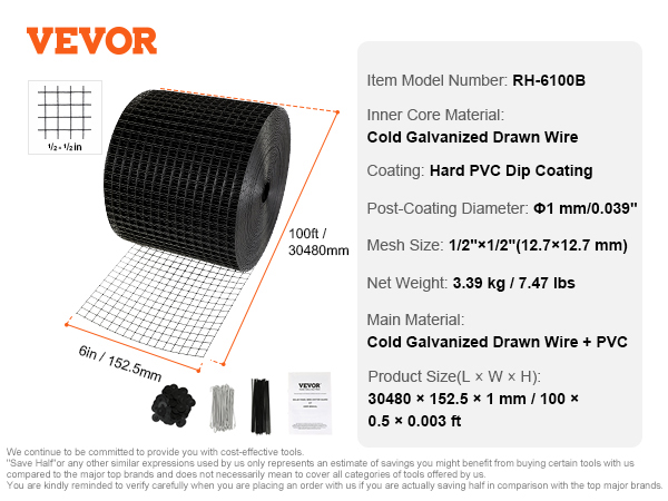 VEVOR solar panel bird guard, 100ft mesh roll, cold galvanized drawn wire, hard pvc coating, accessories included.