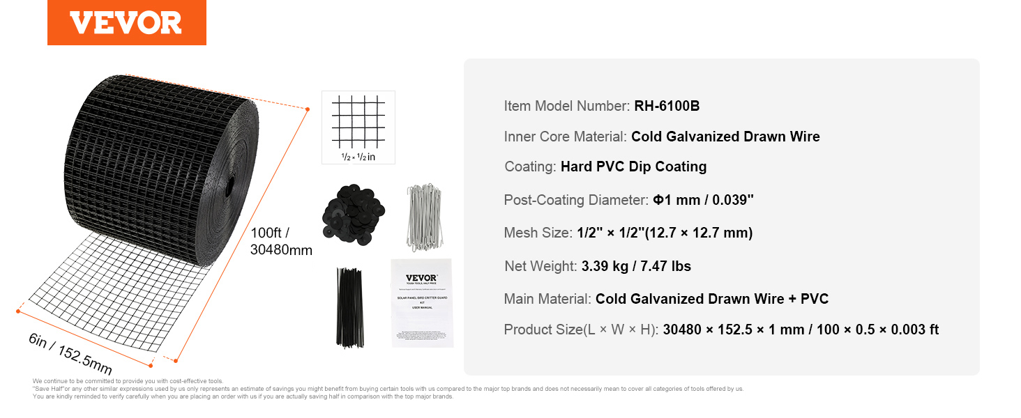 VEVOR solar panel bird guard, 100ft mesh roll, cold galvanized drawn wire, hard pvc coating, accessories included.