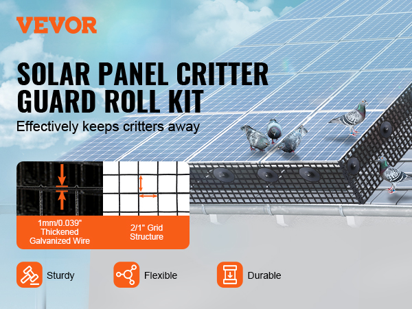VEVOR solar panel bird guard with galvanized wire mesh and pigeons perched on solar panels.