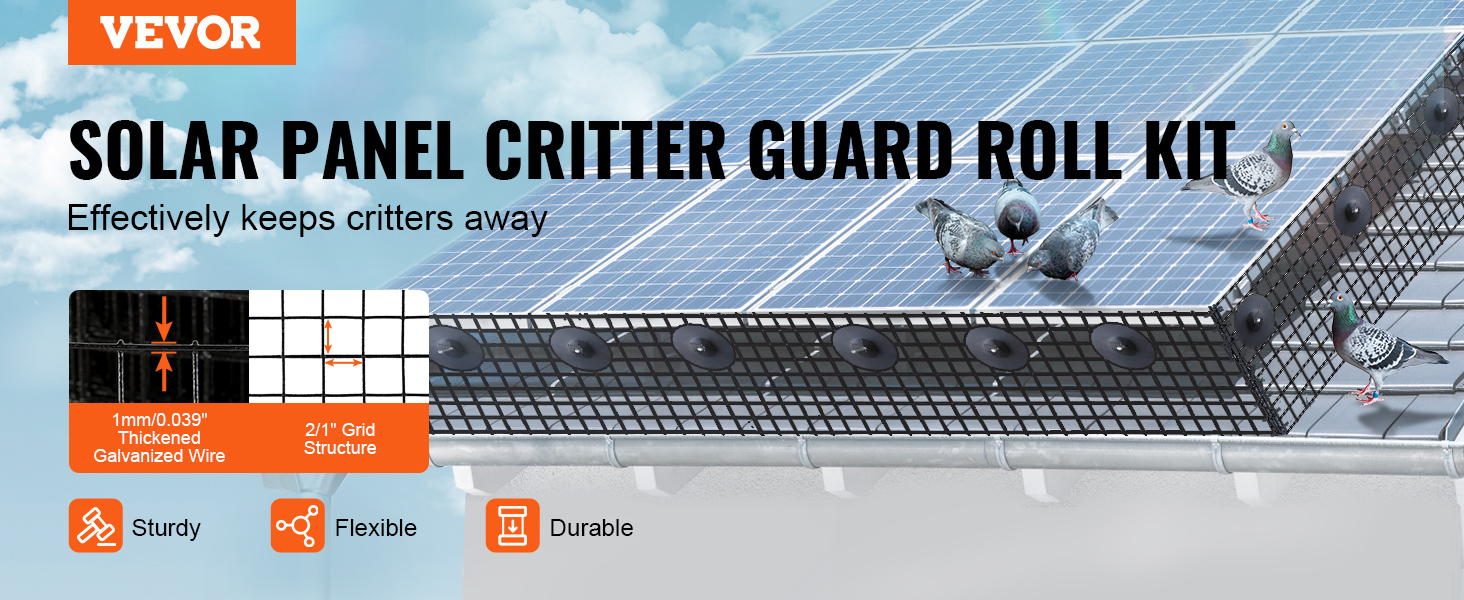 VEVOR solar panel bird guard with galvanized wire mesh and pigeons perched on solar panels.