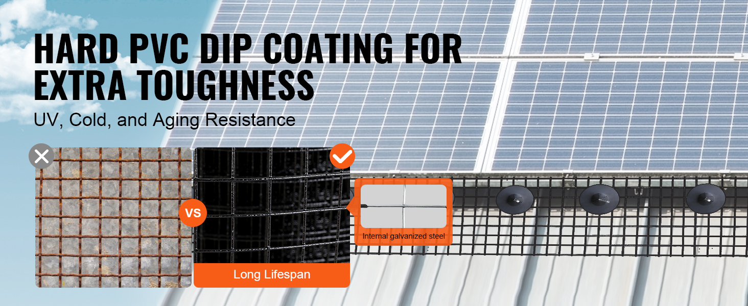 hard pvc dip coating for VEVOR solar panel bird guard, uv, cold, and aging resistant with galvanized steel grid.