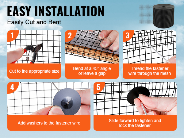 easy installation steps for VEVOR solar panel bird guard: cut, bend, thread wire, add washers, tighten fasteners.