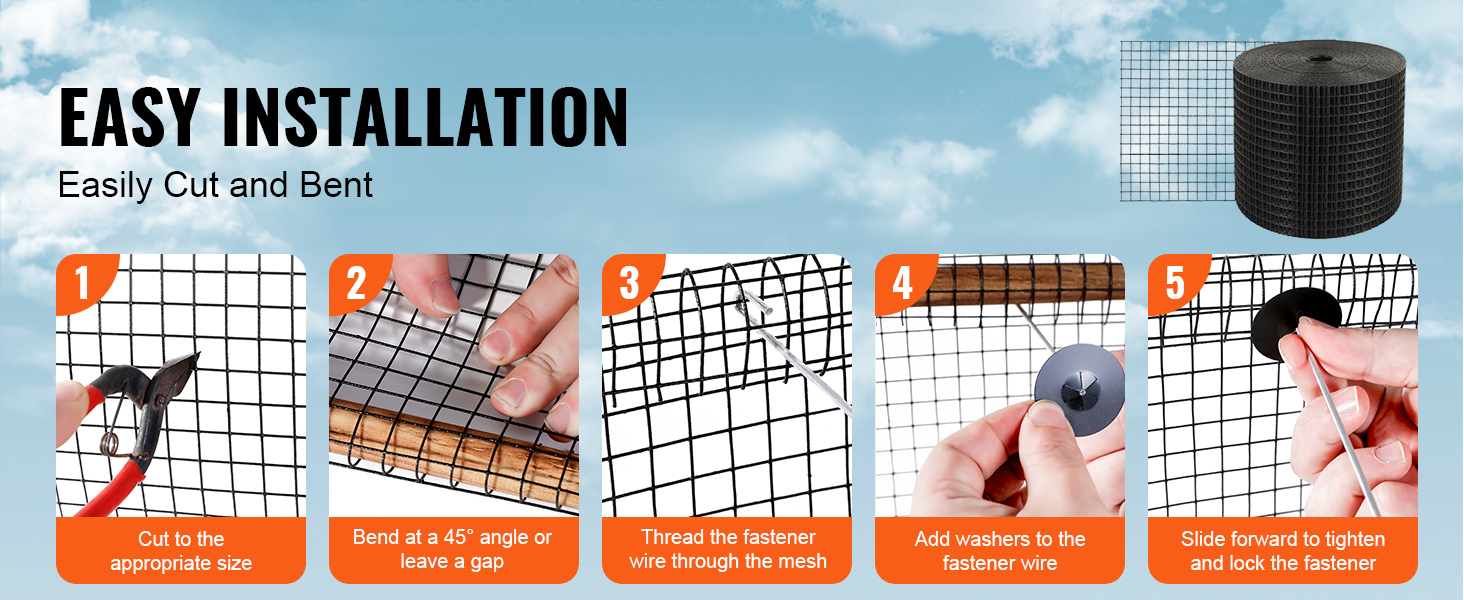 easy installation steps for VEVOR solar panel bird guard: cut, bend, thread wire, add washers, tighten fasteners.