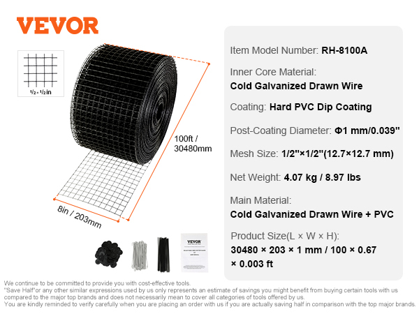 VEVOR solar panel bird guard, 100ft black mesh with installation accessories, 8in width, cold galvanized wire.