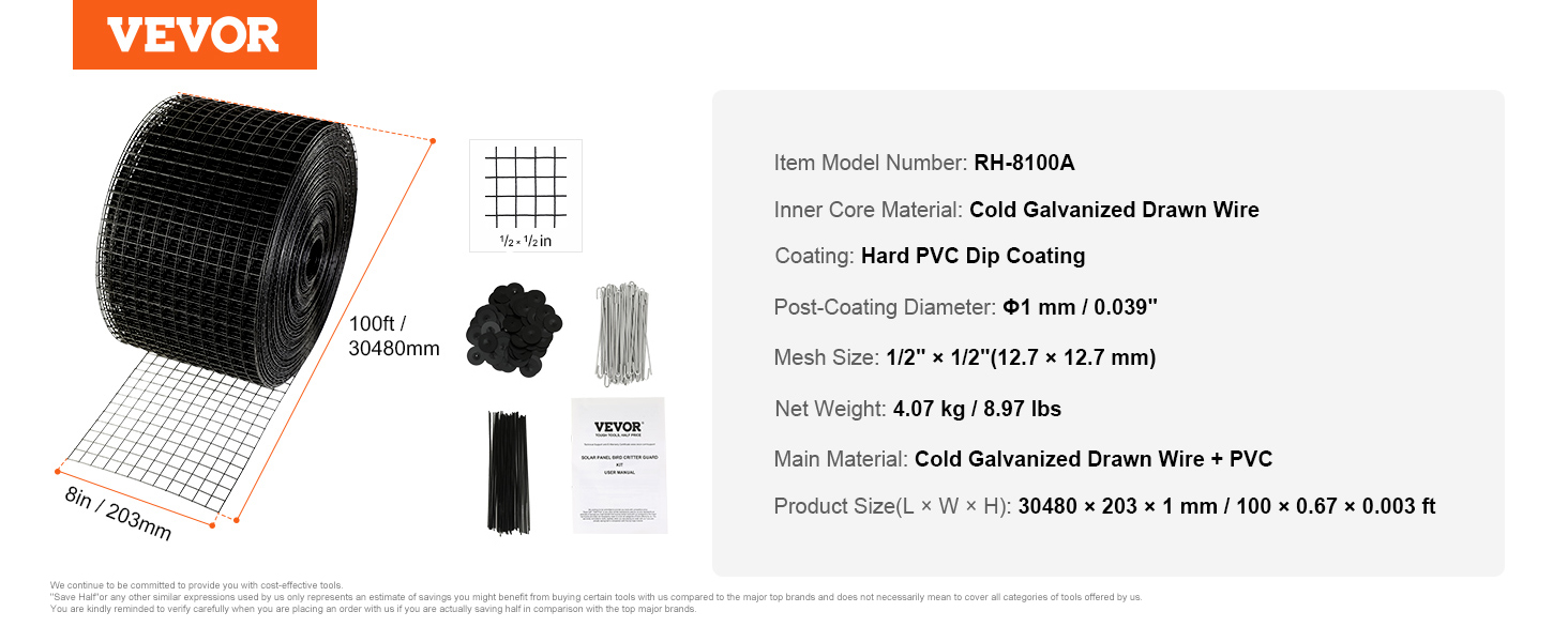 VEVOR solar panel bird guard, 100ft black mesh with installation accessories, 8in width, cold galvanized wire.