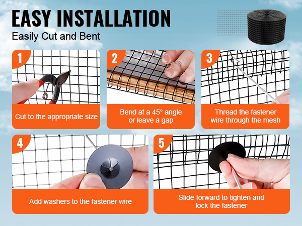 easy installation steps for VEVOR solar panel bird guard: cut mesh, bend, thread wire, add washers, and lock fastener.